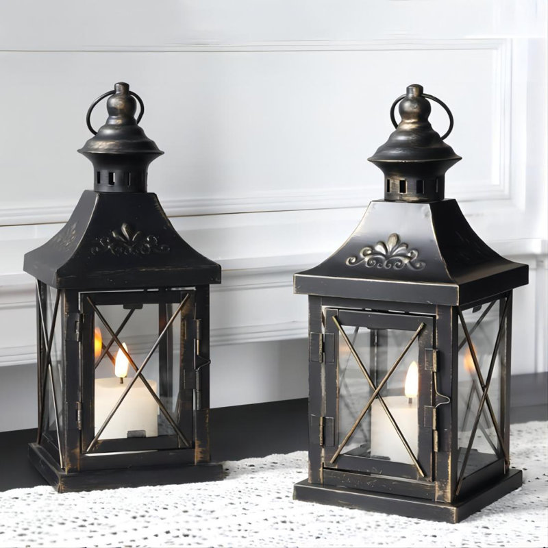 Set of 2 Decorative Candle Holder 27cm High Metal Hanging Lantern, Black