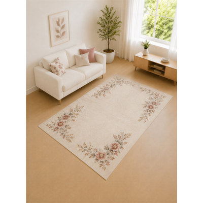 Tapis de coin crème et pêche «Ultra Léger» 5 pi x 7 pi pour salon, chambre à coucher et bureau à domicile, tapis doux à poils courts avec envers en silicone antidérapant