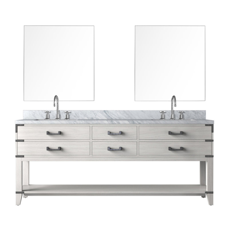 Meuble-lavabo double en chêne blanc 80 po X P 22 po D, dessus en marbre de Carrare, ensemble de robinet et Miroirs