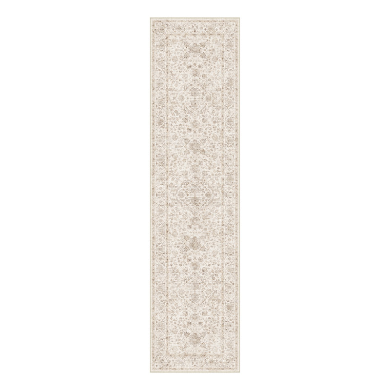 Machine Washable Floral Area Rug With Non-Slip Backing, Runner 2' x 8', Beige