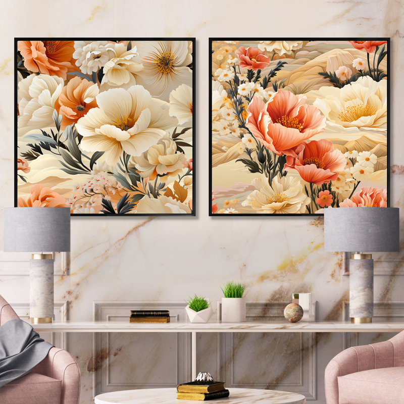 Boule - Ensemble de 2 collages carrés floraux, Cadre flottant noir, H 16 po x l 33 po