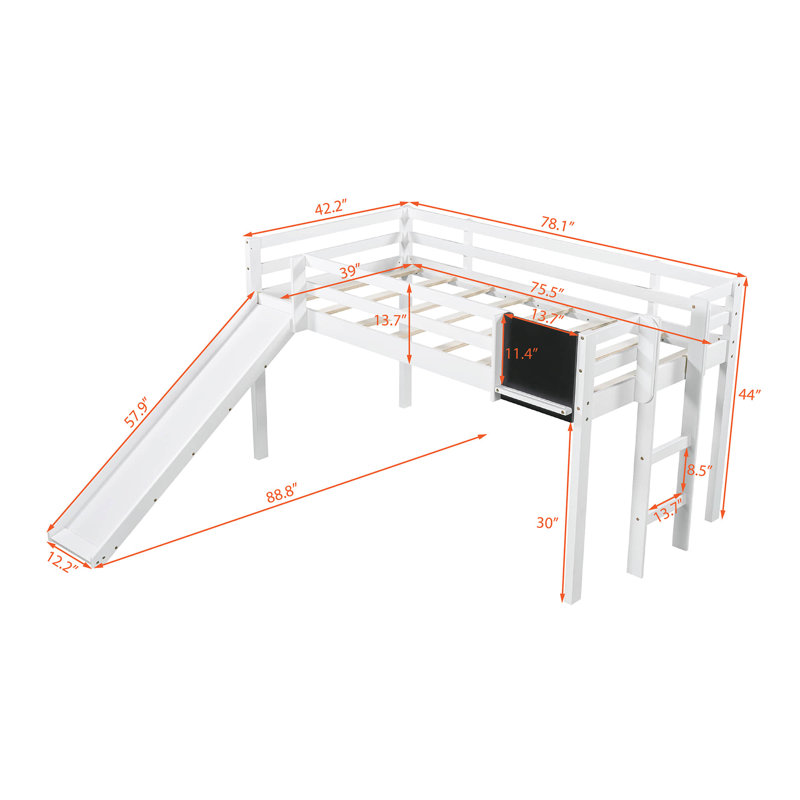 Lit mezzanine bas avec glissade et tableau noir Brode Kiely par Viv + Rae ™, Simple, Blanc