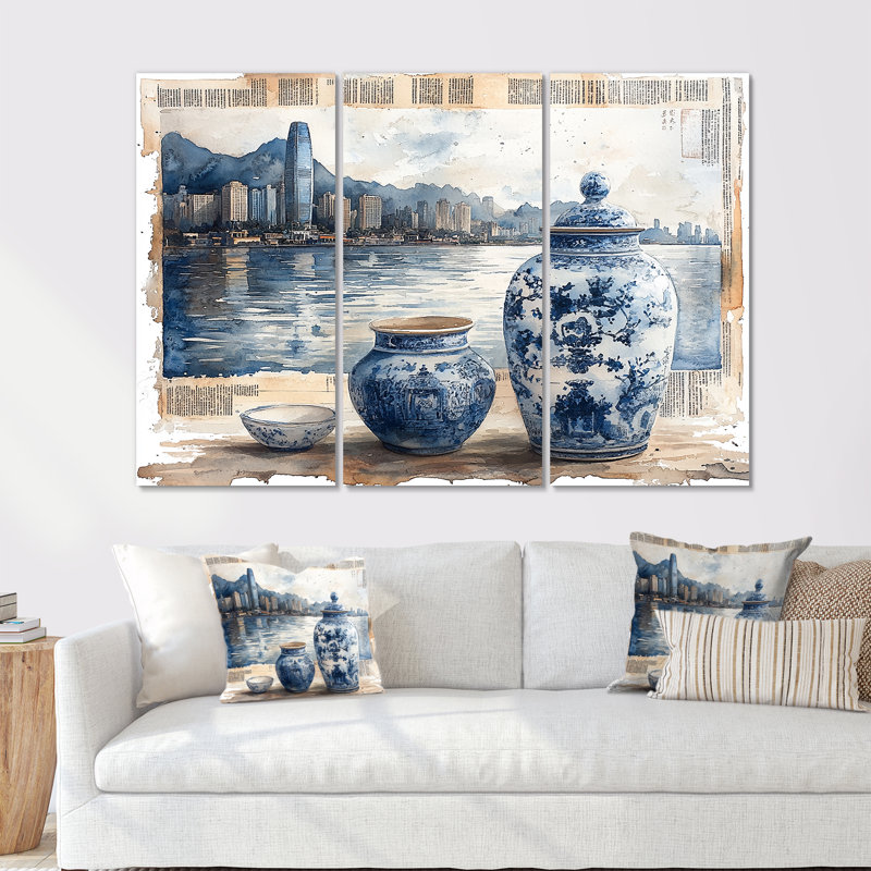 Ensemble de salon de poterie chinoiserie en tons de bleu et blanc I - Boho Pottery, Métal métal, H 40 po x l 60 po x P 1 po