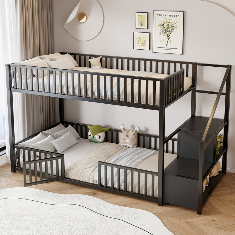 Metal Bunk Bed With Storage Staircase, Black