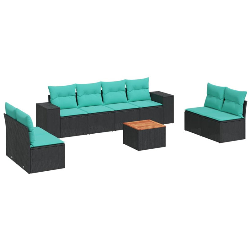 Ensemble de canapé de patio 9 pièces avec coussins en rotin de polyester, Bleu clair, Noir