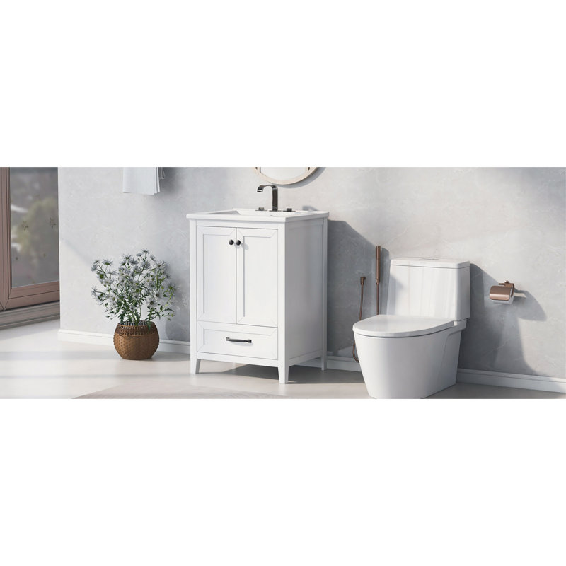 Meuble-lavabo 24 po avec lavabo, meuble-lavabo avec tiroir et portes, bois massif et panneau de fibres à densité moyenne 24 po