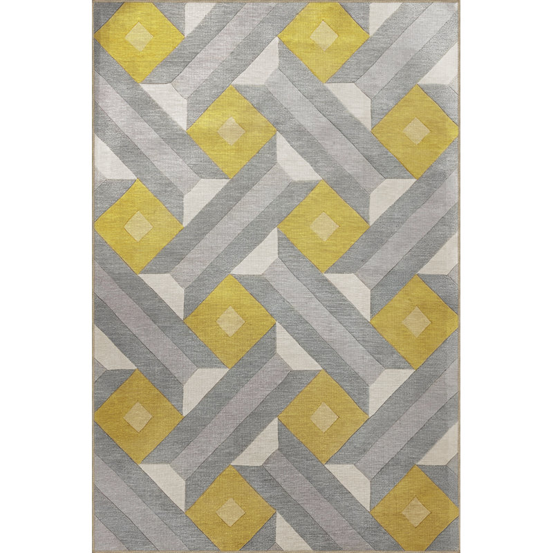 Tapis décoratif moderne à motif géométrique à motif géométrique gris-jaune, Rectangle 5 pi 1 po x 7 pi 7 po