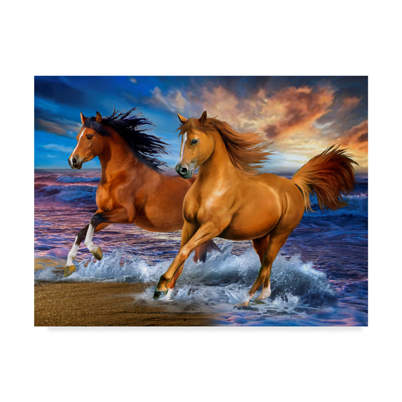 Large Brown Horses Running on Beach Canvas Art