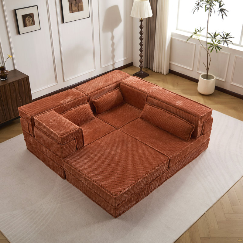 Compression Mahjong Sofa,Convertible Floor Sofa Bed,Diy Boneless Modular Sectional Sofa,No Assembly Required, Orange Fabric