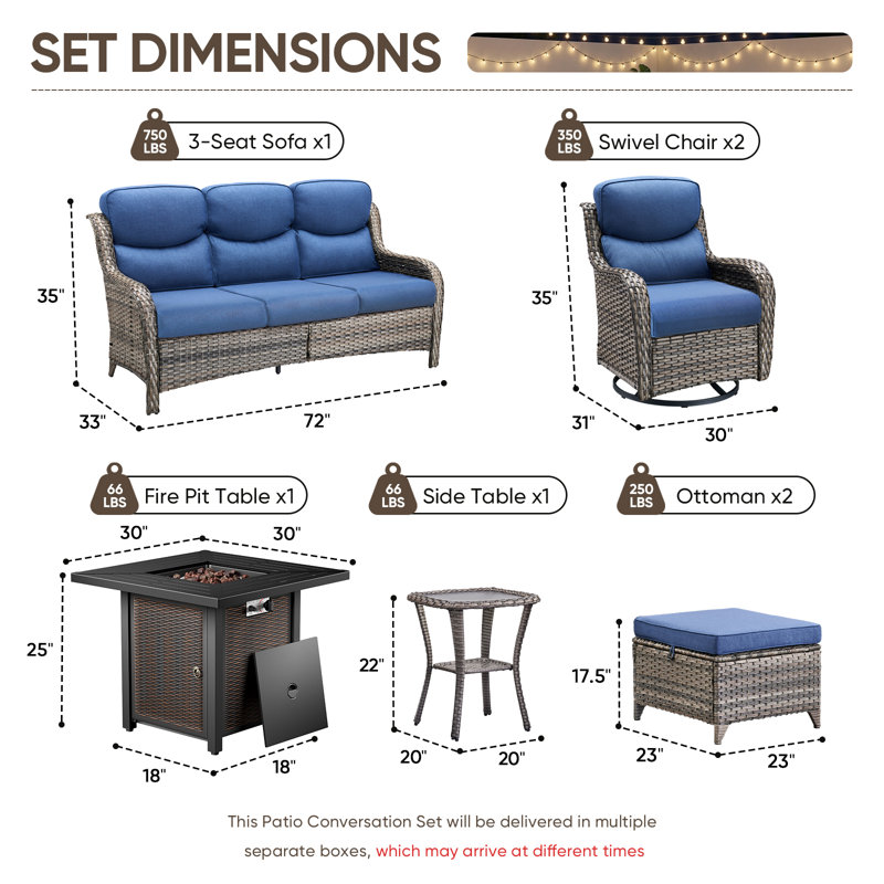 Ensemble de conversation d'extérieur en osier de 7 pièces avec table de foyer carrée en métal, fauteuils pivotants et repose-pieds Amaris