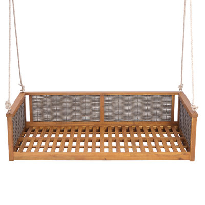 Balancelle d'extérieur classique en bois massif (taille simple), en teck naturel, acacia et rotin, avec de longues cordes, idéale pour la piscine, le jardin ou toute autre pièce.