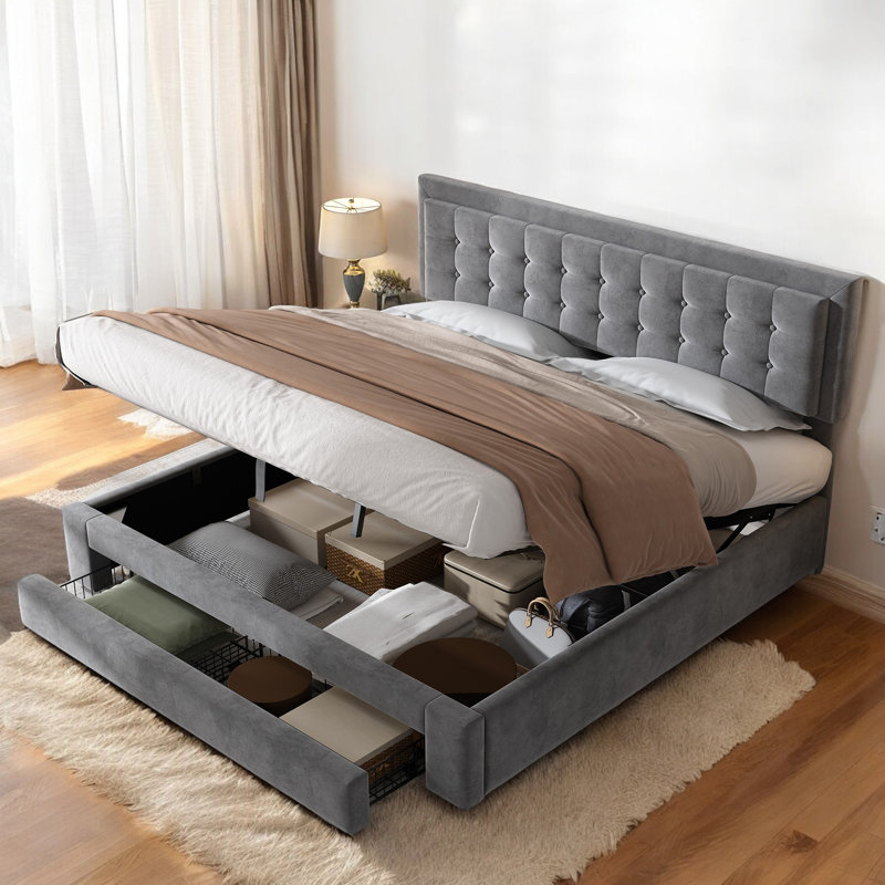 Abhia Upholstered Double (4'6) Velvet Drawers Bed Frame, Kingsize (5'), Grey