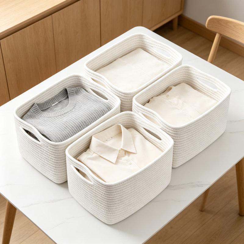 Ensemble de 4 paniers de rangement en corde de coton tissé, bacs de rangement rectangulaires pour tablettes, chambre de bébé et organisation à domicile