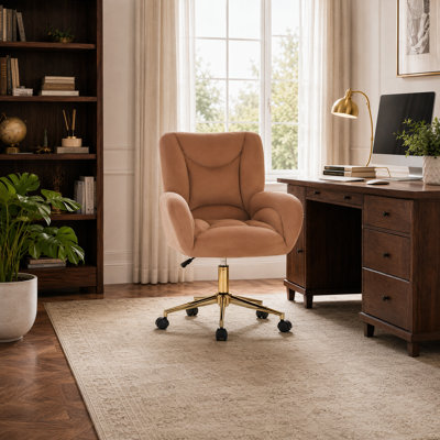 Chaise de bureau en velours café, chaise de bureau pivotante à 360 °, avec base en métal doré et roues universelles