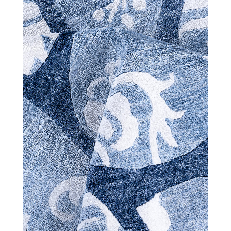Blue Hand-Knotted Silk Rectangular Area Rug, 9' 1" x 12' 3"