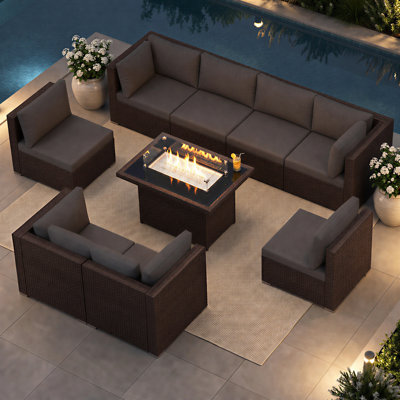 Ensemble de conversation de patio en osier 9 pièces avec table de foyer rectangulaire modulaire, double combustible, 60 000 BTU