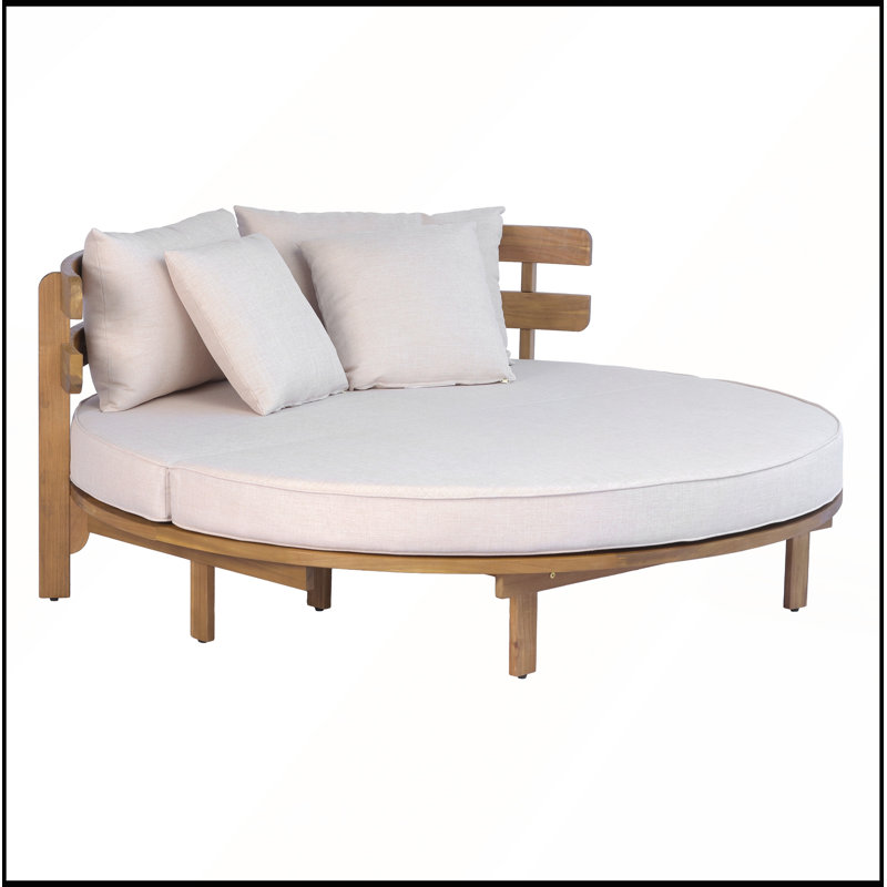 Lit de jour rond en bois d'acacia durable avec dossier à lattes, coussin et 4 coussins pour la détente et le confort en plein air