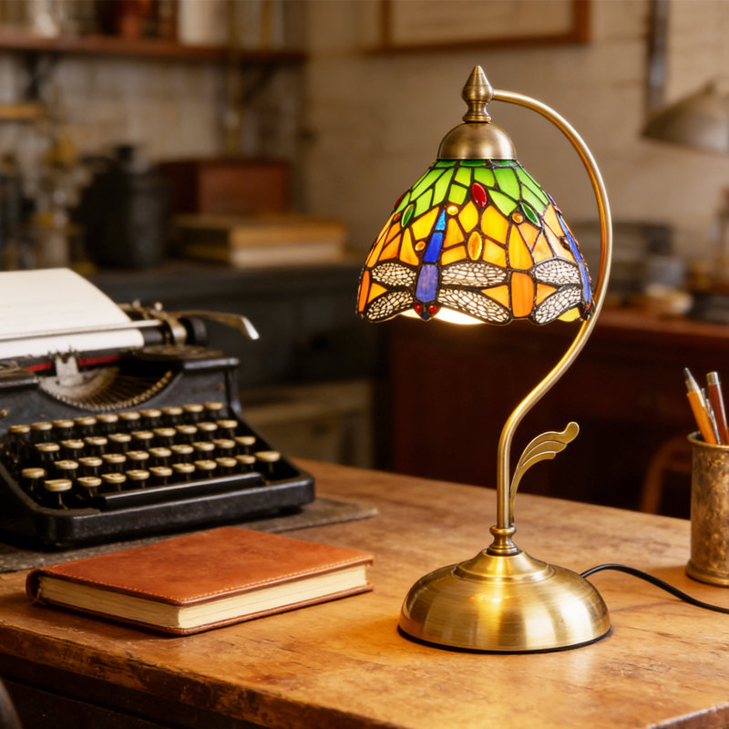 17''H Tiffany Style Table Lamp, Resin Base And Stained Glass Table Lamp With Dragonfly Pattern