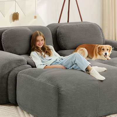 Three-seat modular sofa with 3 Ottomans corduroy fabric no assembly pet-friendly ultra-wide curved armrests 32D high-resilience sponge living rooms me