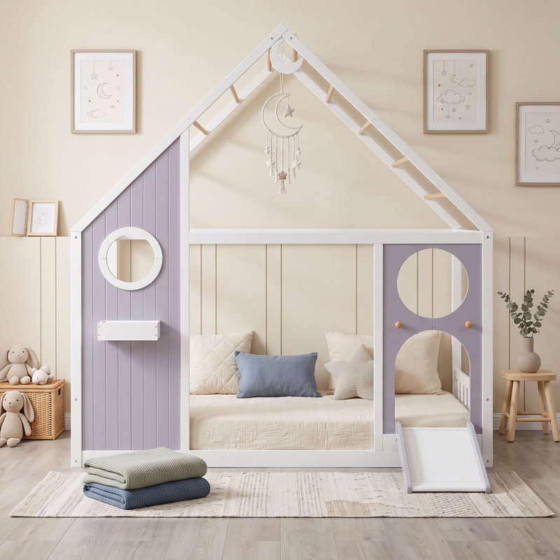 Lit plateforme simple avec glissade, bande lumineuse et conception en forme de maison, Mauve