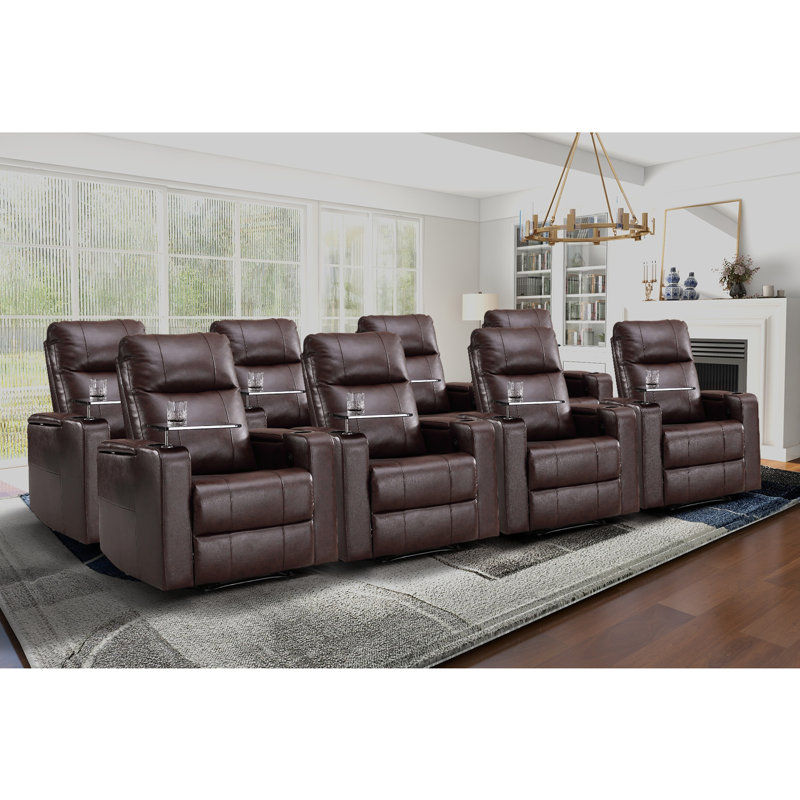 33.1" Wide Modern Electric Power Breathable Vegan Leather Reclining Home Theater Seat with Arm Table (Set of 8), Brown