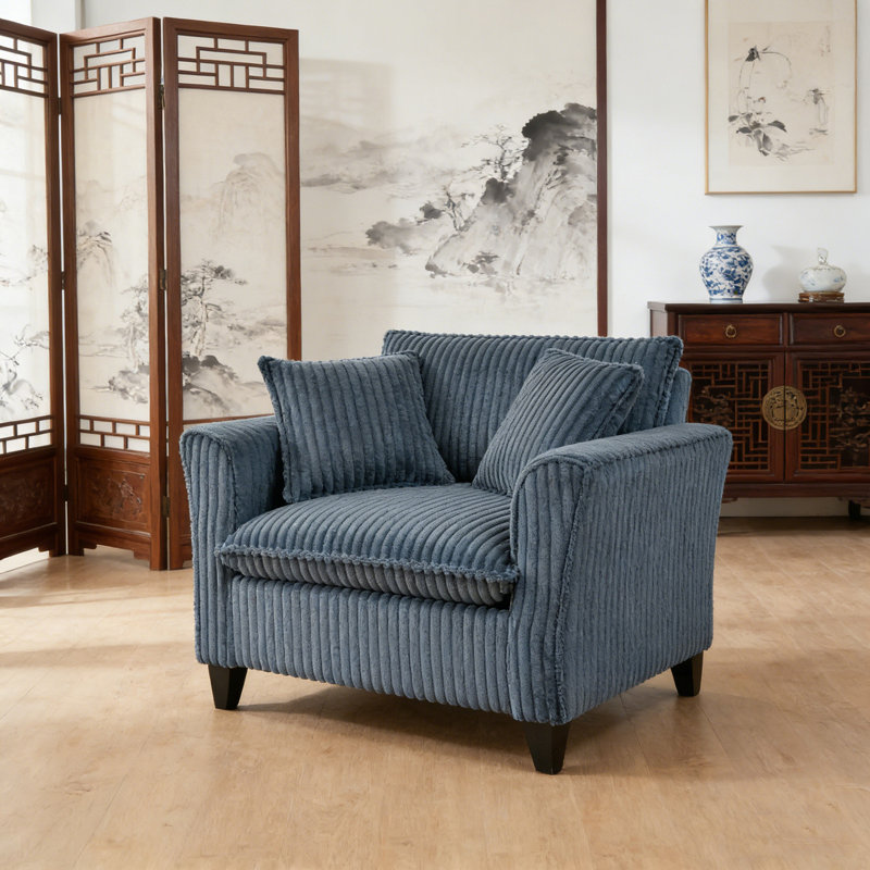 Canapé simple avec deux coussins et pieds robustes, Bleu