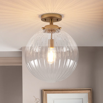 Brass 1-Light Textured Glass Ceiling Lamp for Hallway & Bedroom
