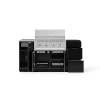 Outdoor Grill Island Aluminum Slate Gray 5 Piece Cabinet Set with Sink, 3 Drawer, Grill Cabinet, 36" Natural Gas Performance Grill and 16" Dekton Black Top
