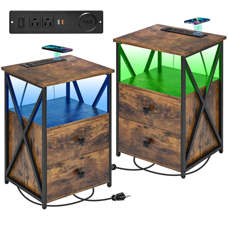 LED Nightstand, Night Stand with Wireless Charger, End Table with Storage, Brown