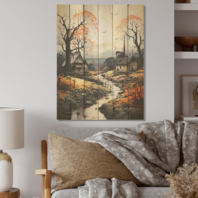 Countryside Cottage By The River I - Countryside Wood Wall Art On Natural Pine Wood