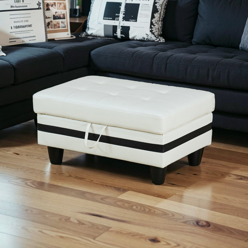 Faux Leather Ottoman, White/Black Faux Leather