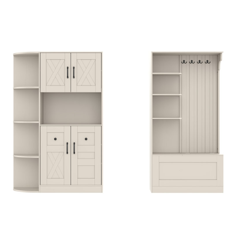 2-in-1 Left-Right Hall Tree Storage Cabinet, 4 Hooks, Freestanding Entryway Cabinet, Antique Beige, Beige