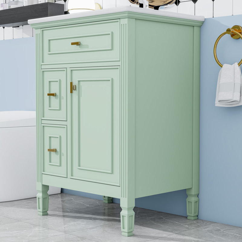 Meuble-lavabo autoportant moderne avec lavabo en céramique, tablette réglable et grand espace de rangement, Vert