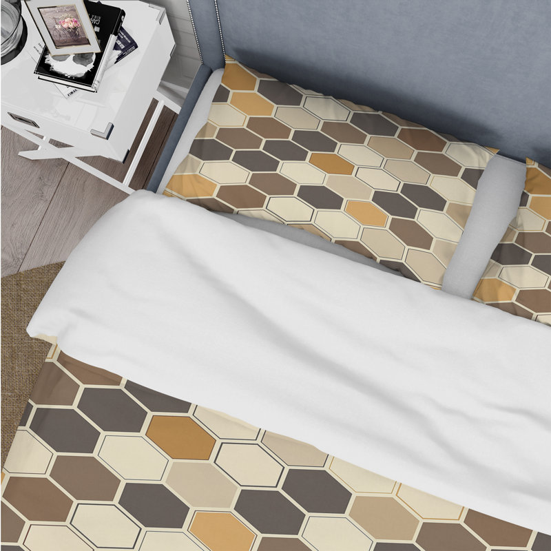 Ensemble de housse de couette Brown Hexagon Tiles I - Midcentury, Housse de couette très grand + 2 taies décorativ