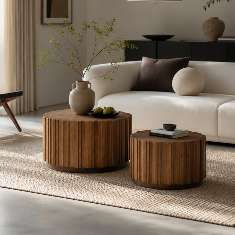 Ensemble de 2 tables basses gigognes rondes de 70 cm, H 15,75 po x l 47,24 po x P 27,56 po, Noyer brun