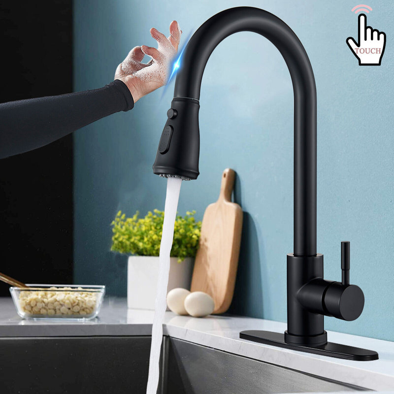 Robinet de cuisine noir avec douchette rétractable à poignée simple et robinet tactile avec surfaces tactiles en acier inoxydable