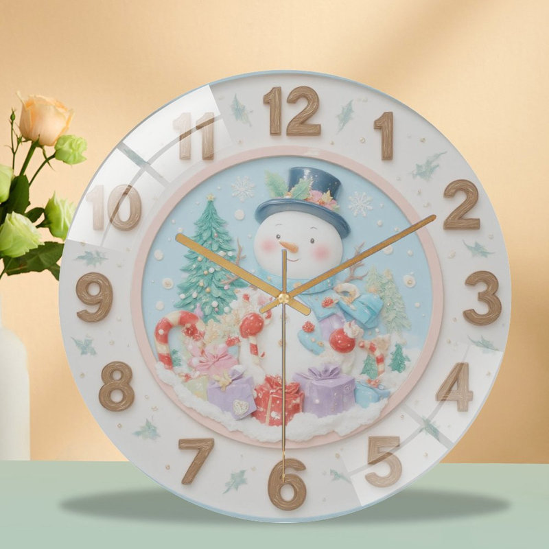 Horloge avec bonhomme de neige et scène de Noël - Horloge murale moderne en verre de 12 po