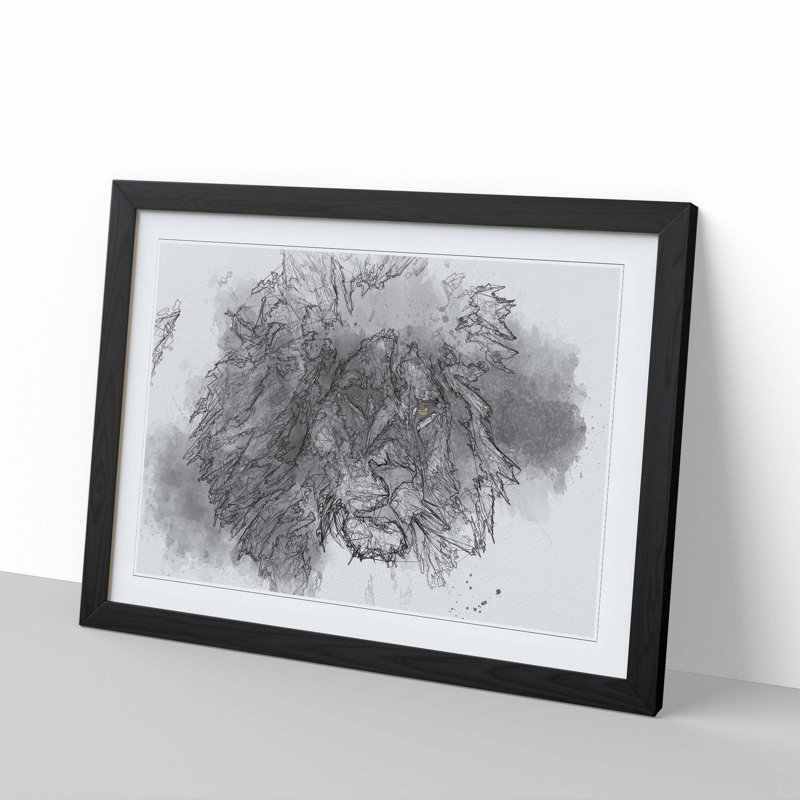 Lion with Piercing Eyes in Abstract - Picture Frame Graphic Art Print, 60cm H x 91cm W x 2cm D, Black