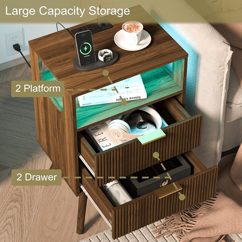 Table de chevet avec station de charge et lumières à DEL, table de chevet moderne avec 2 tiroirs de rangement et tablette ouverte en bois