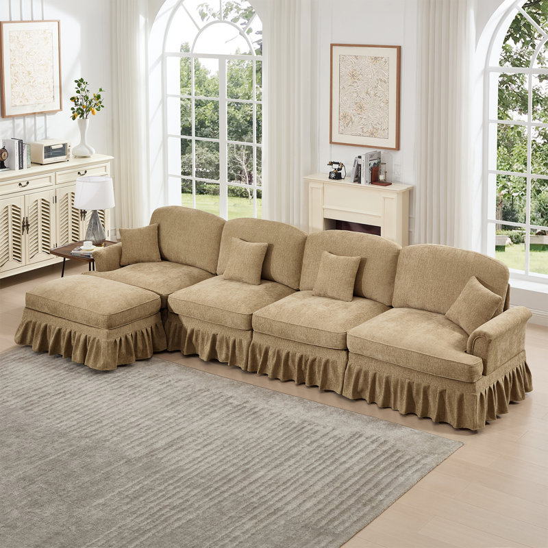 Canapé modulaire en L Mid-Century à trois places avec accoudoirs évasés et volants amovibles, tissu chenille, repose-pieds mobile, café clair