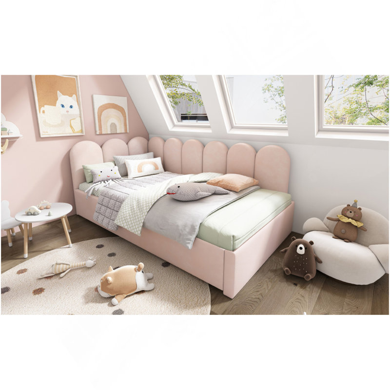 Lit de jour rembourré avec lit escamotable, canapé-lit simple simple, lits d'invités pour adultes et enfants, lit à lattes en métal, velours, rose (sans matelas)