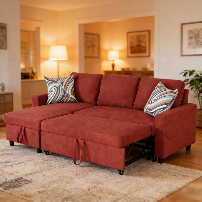 Canapé-lit modulaire en L 83,6 po avec méridienne de rangement et coussins décoratifs 83,6 po, Polyester rouge