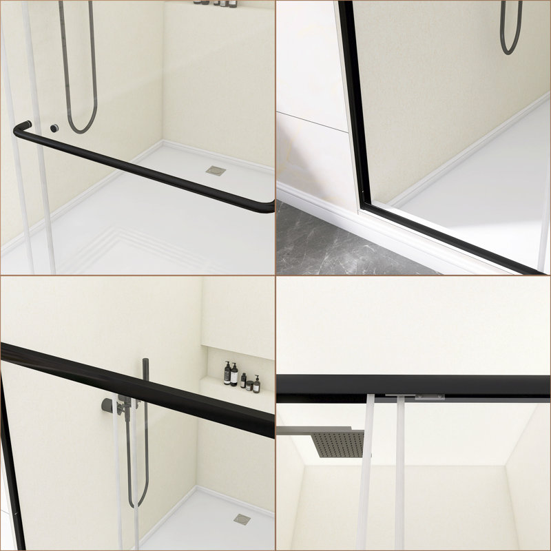 54" W X 72" H Framed Double Sliding Shower Door, 6Mm Explosion-Proof Tempered Glass With Inner Nano Film, Matte Black Finish Aluminum Alloy Frame, Bathroom Shower Enclosure With Towel Bar