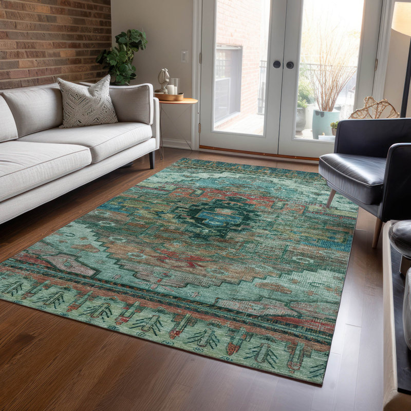 Tapis bleu sarcelle lavable à la machine intérieur / extérieur Xhevrie, Rectangle 2 pi 6 po x 3 pi 10 po