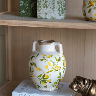 Élégant vase en céramique blanc de 6,7 x 6,7 x 8,7 pouces avec motif jaune citron et petites poignées pour la décoration intérieure