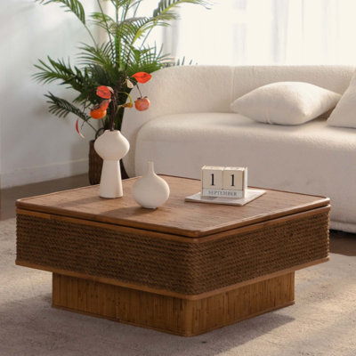 Table basse carrée en corde de rotin et chanvre avec fonction de rangement réglable, de style naturel rétro, pour la salle à manger, la cuisine et le salon