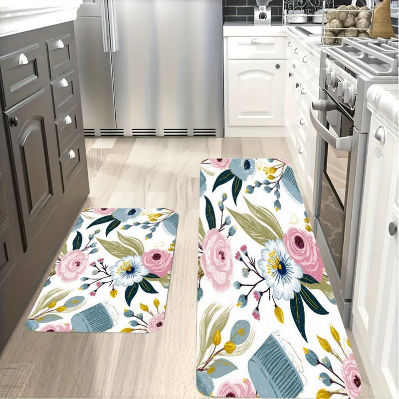 Tapis de cuisine antidérapant à fleurs roses et blanches, 2 pièces