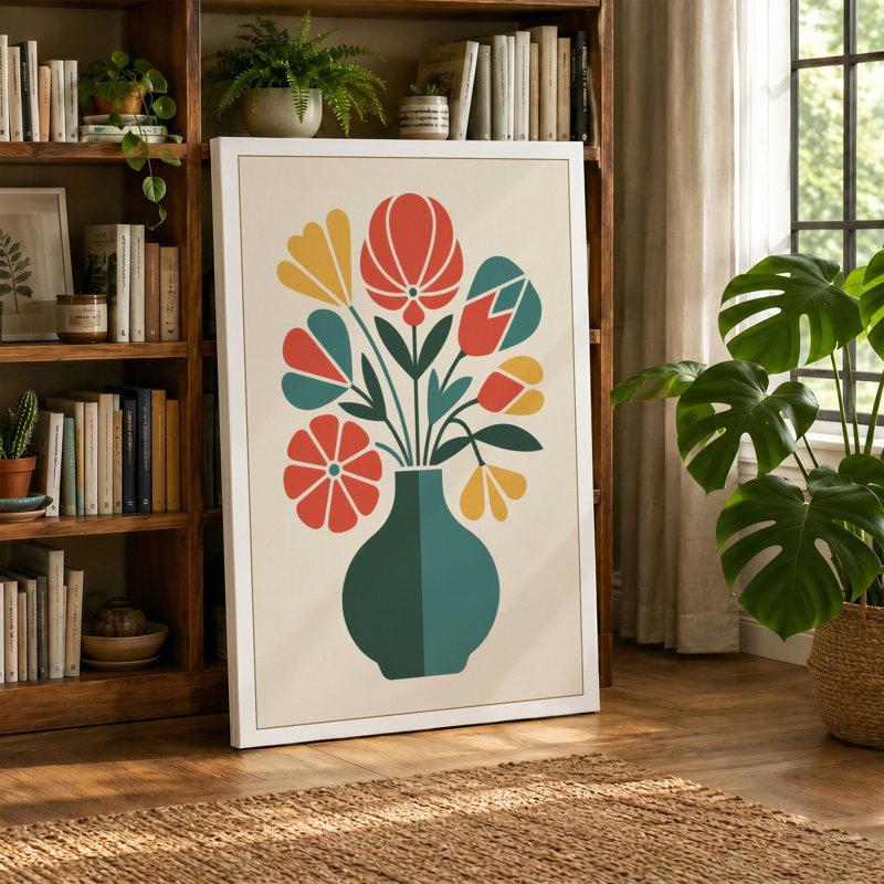 Geometric Florals in Teal Mid-Century - Wrapped Canvas, 24x16 - 61.0 x 40.6 cm, Terracotta Border