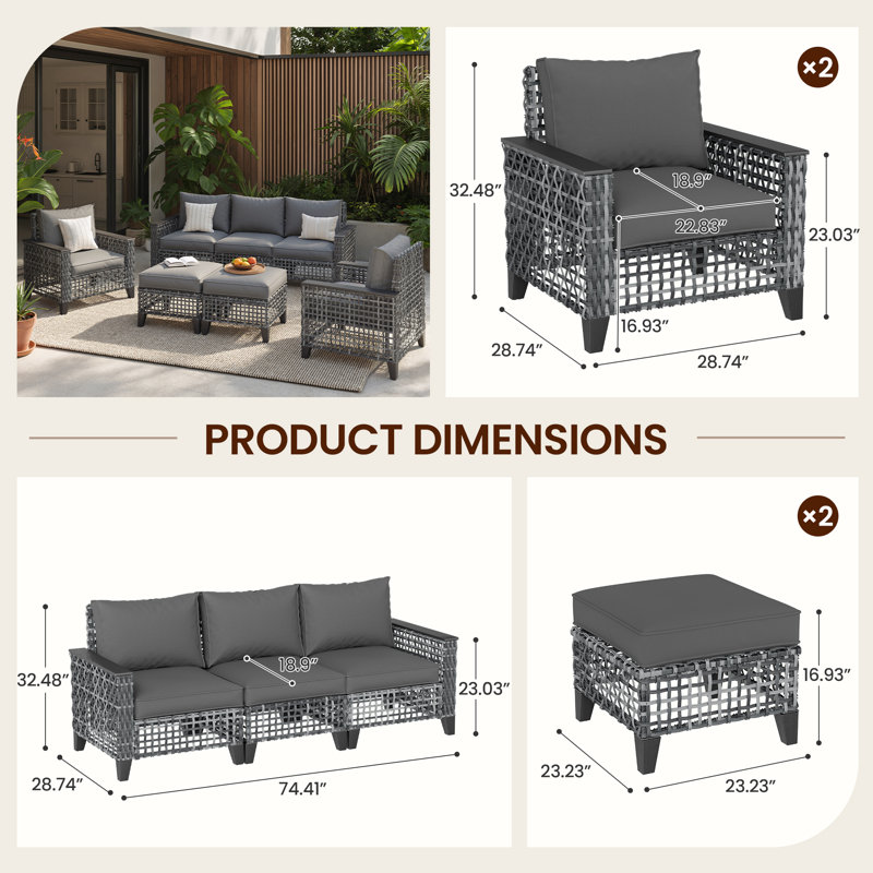 Ensemble de conversation de patio 5 pièces avec canapé 3 places, fauteuils et repose-pieds, Gris / Gris