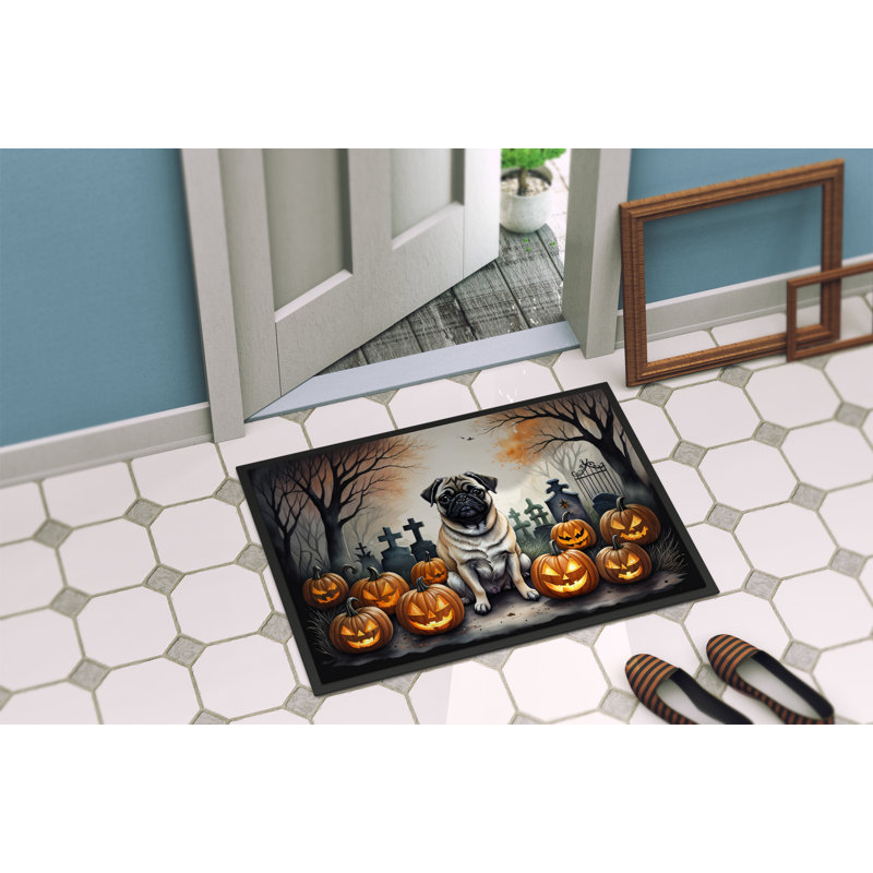 Fawn Pug Halloween Doormat with Pumpkins and Tombstones